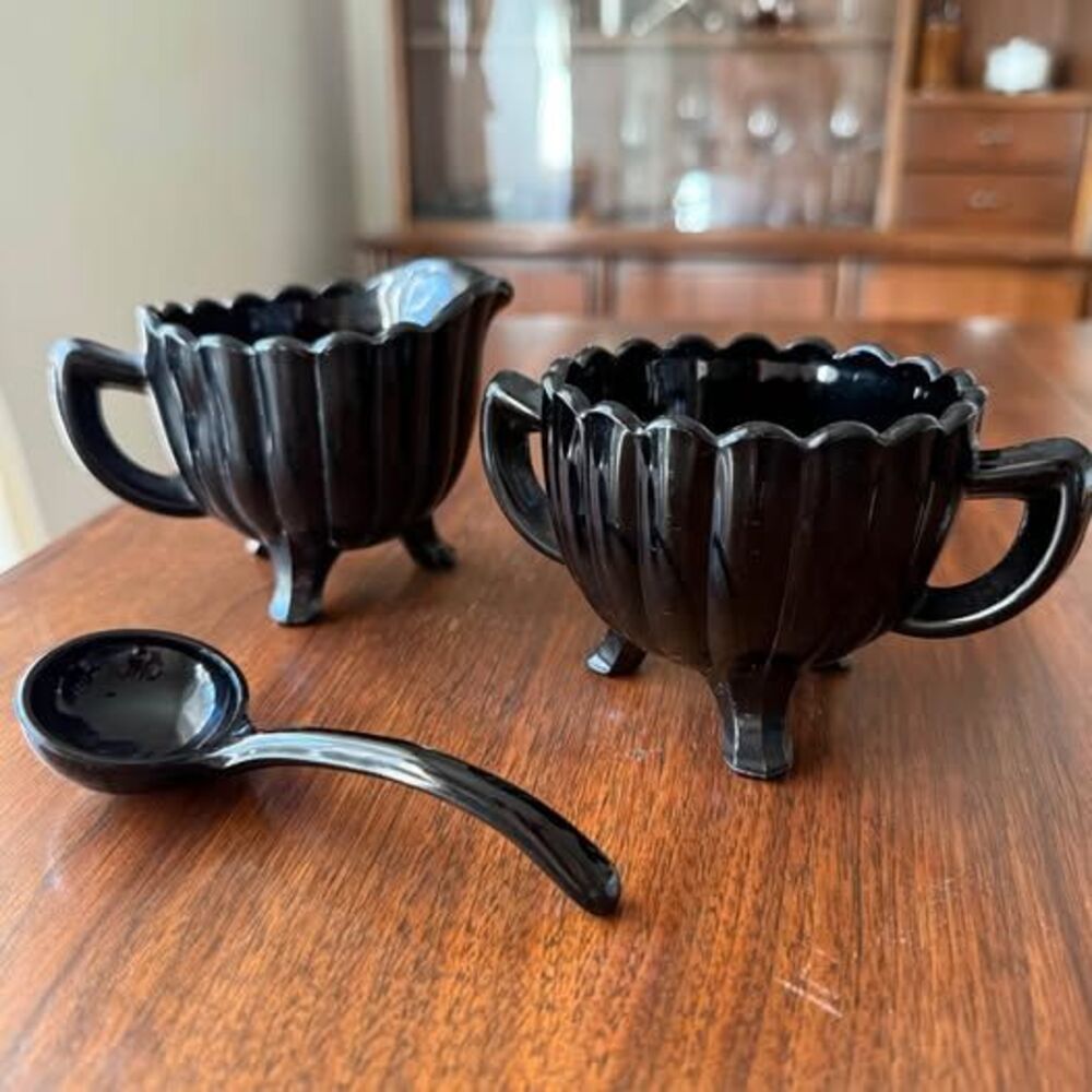 Vintage MCM Footed Black Glass Creamer And Open Sugar Bowl Ribbed with Spoon